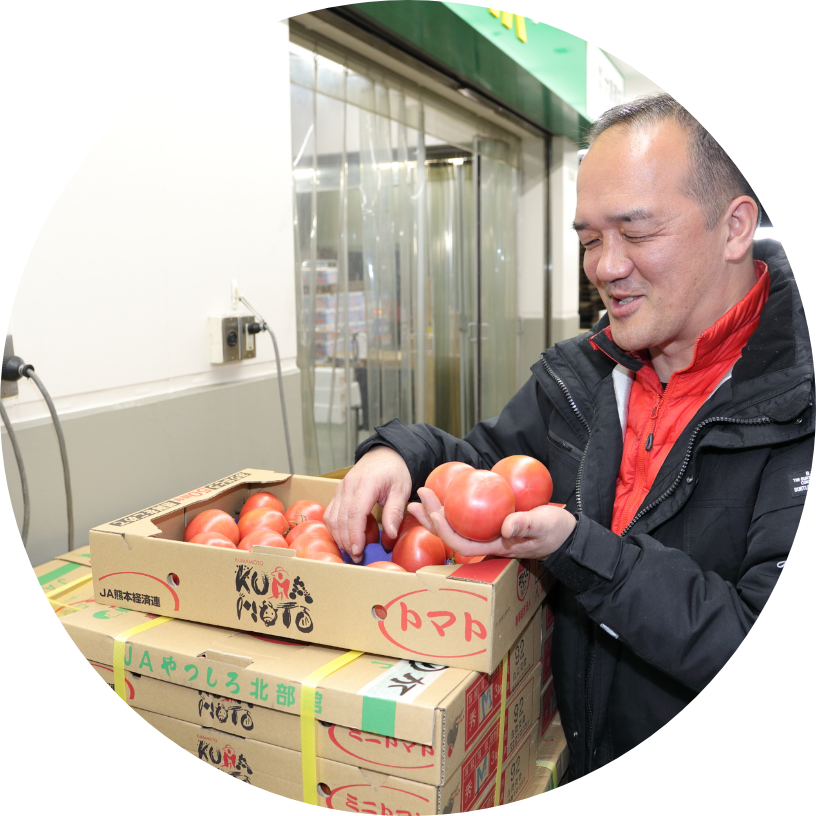 男の人がトマトを見ています